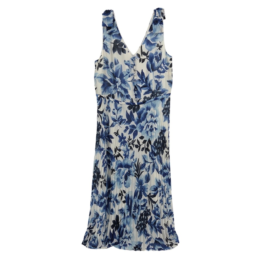 Talbots Floral Pleated Midi Dress 12 Blue White Bow Shoulder Garden Party